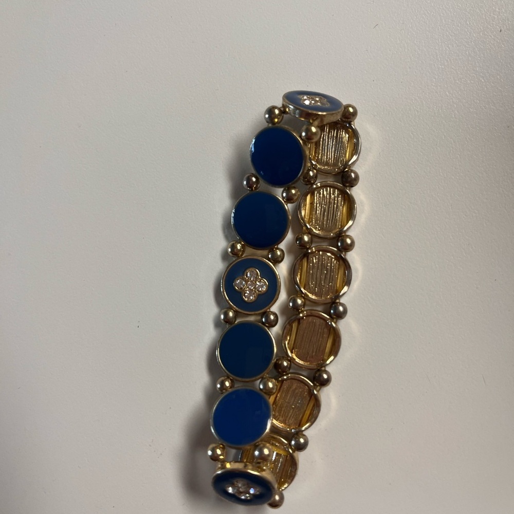 Vintage Gold Tone Blue Enamel Stretch Bracelet Quatrefoil Clover Rhinestone